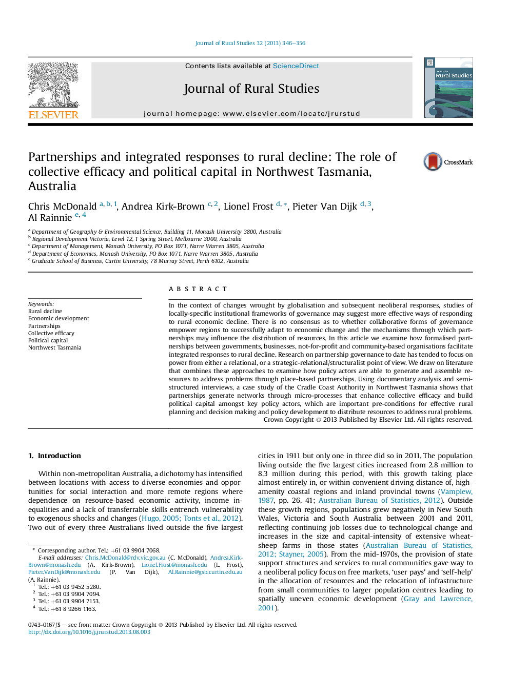 Partnerships and integrated responses to rural decline: The role of collective efficacy and political capital in Northwest Tasmania, Australia