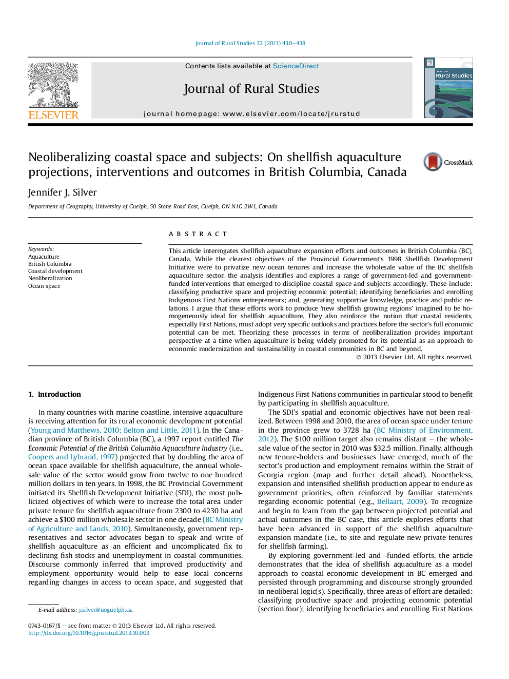 Neoliberalizing coastal space and subjects: On shellfish aquaculture projections, interventions and outcomes in British Columbia, Canada