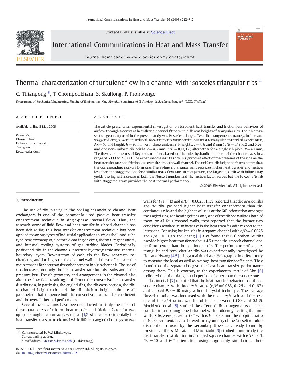 Thermal characterization of turbulent flow in a channel with isosceles triangular ribs