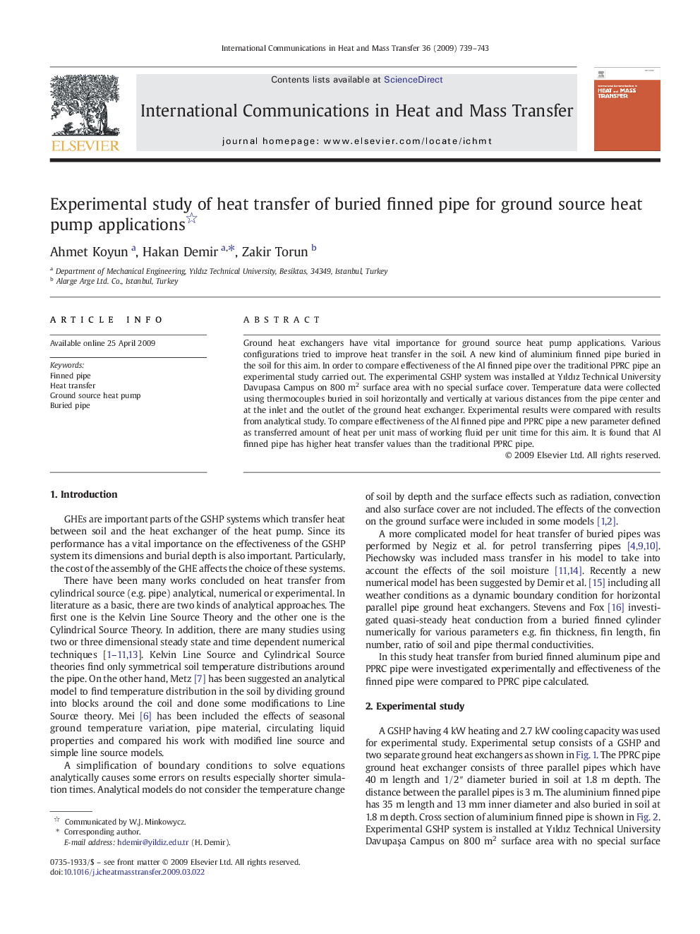 Experimental study of heat transfer of buried finned pipe for ground source heat pump applications