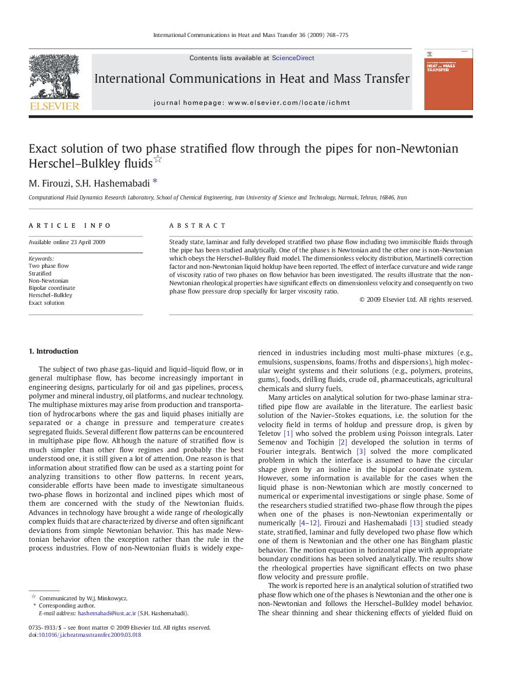 Exact solution of two phase stratified flow through the pipes for non-Newtonian Herschel-Bulkley fluids