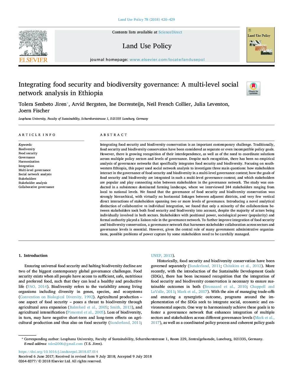 ادغام امنیت غذایی و مدیریت تنوع زیستی: تجزیه و تحلیل شبکه های چند سطحی در اتیوپی 