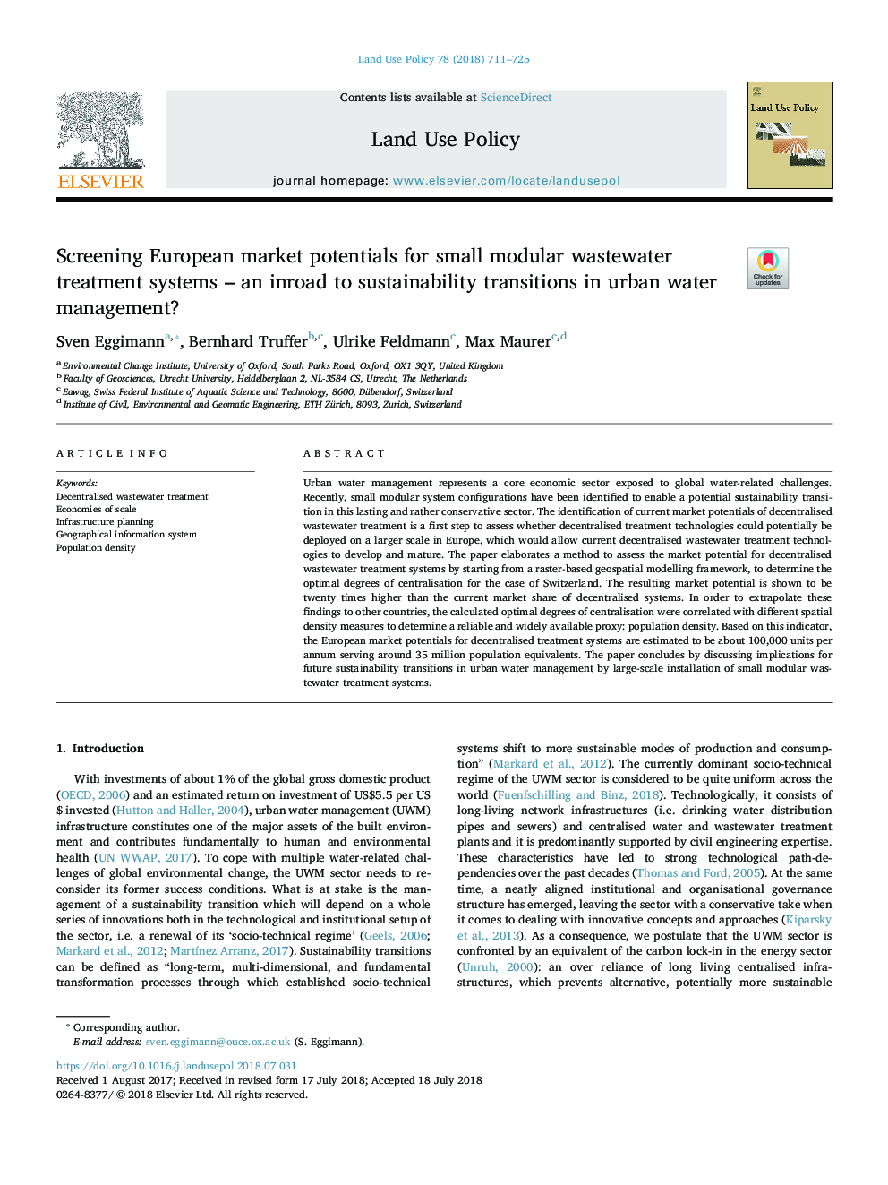 Screening European market potentials for small modular wastewater treatment systems - an inroad to sustainability transitions in urban water management?