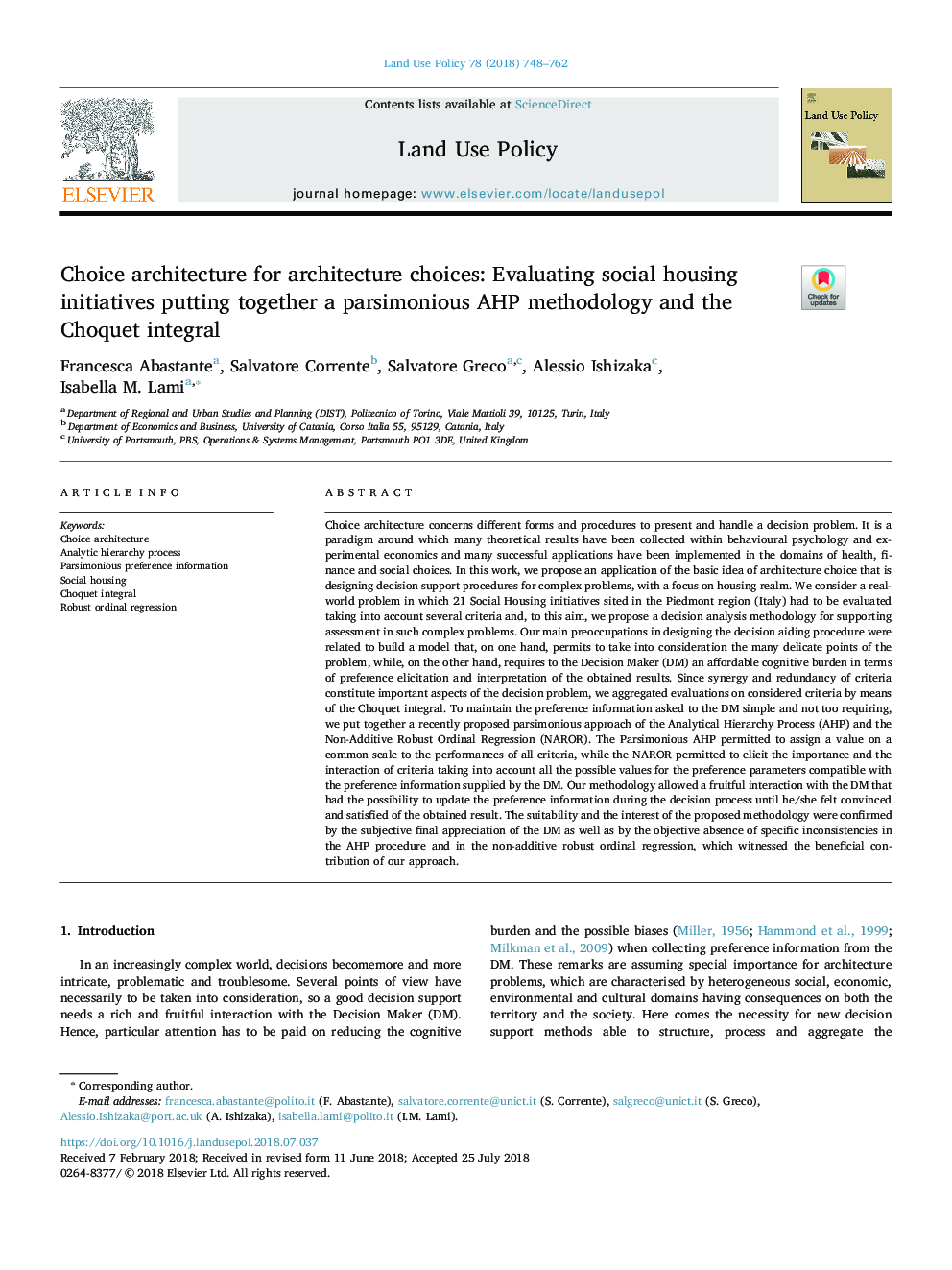 Choice architecture for architecture choices: Evaluating social housing initiatives putting together a parsimonious AHP methodology and the Choquet integral