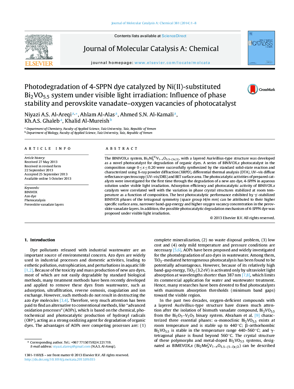 Photodegradation of 4-SPPN dye catalyzed by Ni(II)-substituted Bi2VO5.5 system under visible light irradiation: Influence of phase stability and perovskite vanadate–oxygen vacancies of photocatalyst