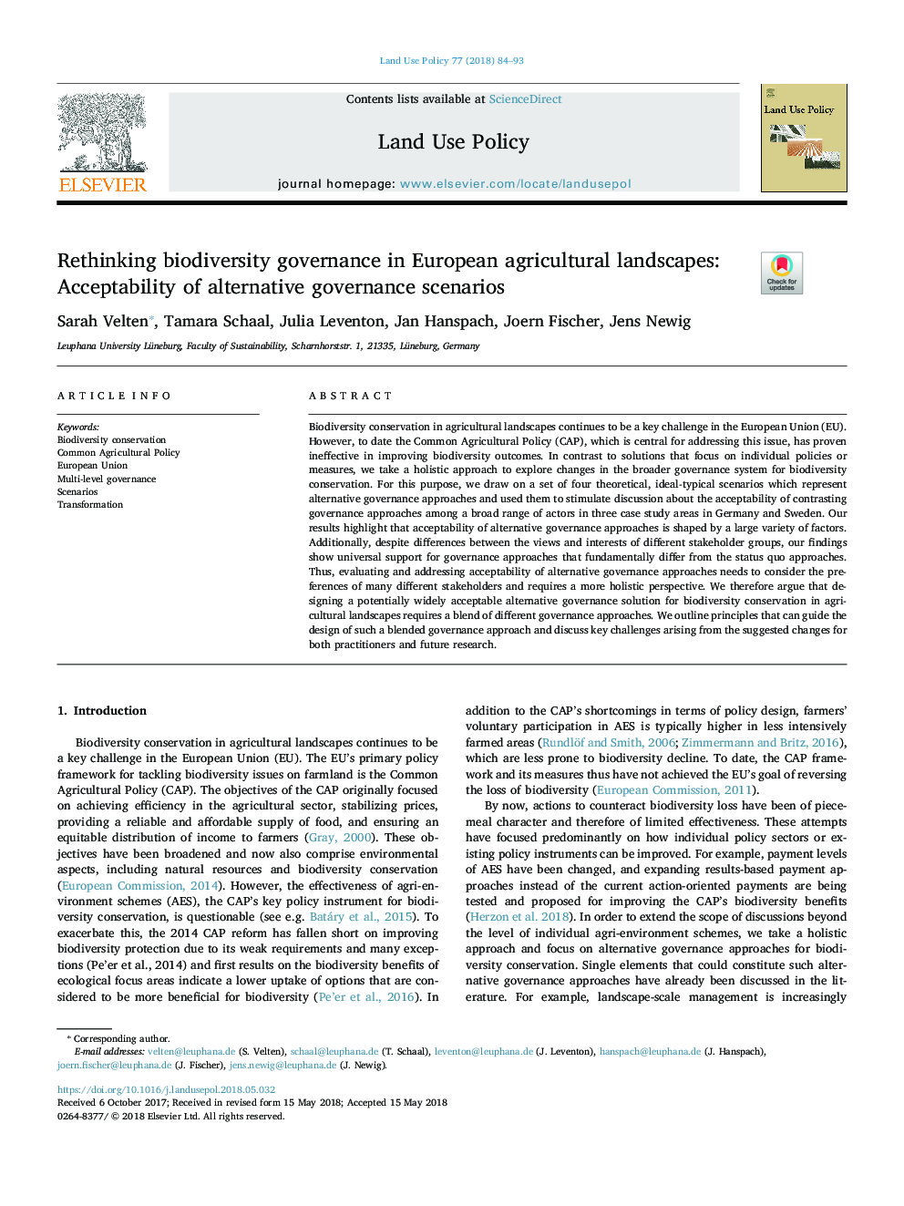 Rethinking biodiversity governance in European agricultural landscapes: Acceptability of alternative governance scenarios