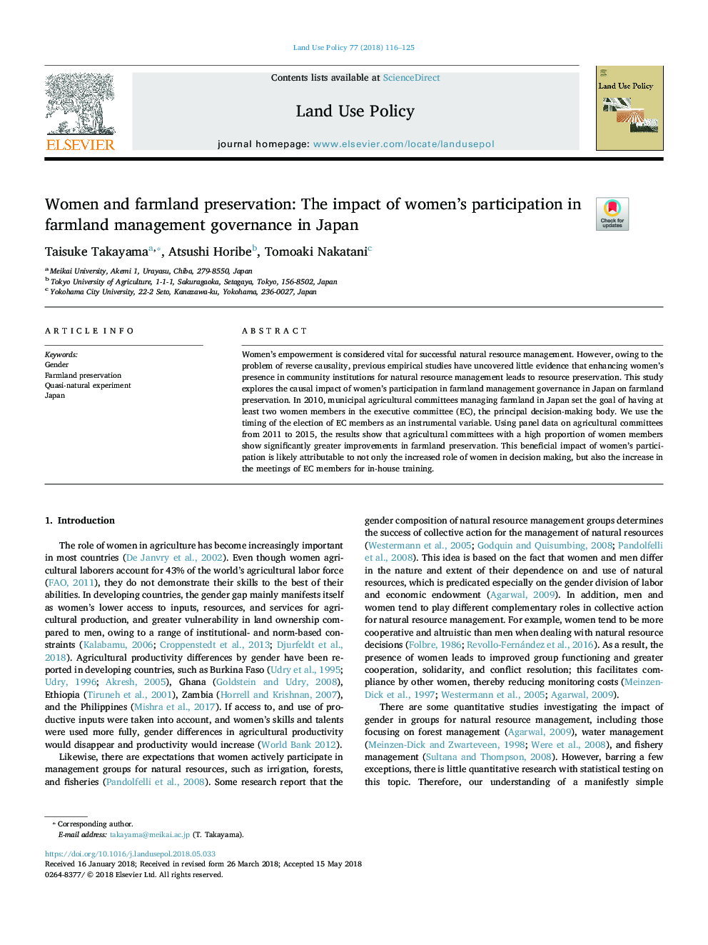 Women and farmland preservation: The impact of women's participation in farmland management governance in Japan