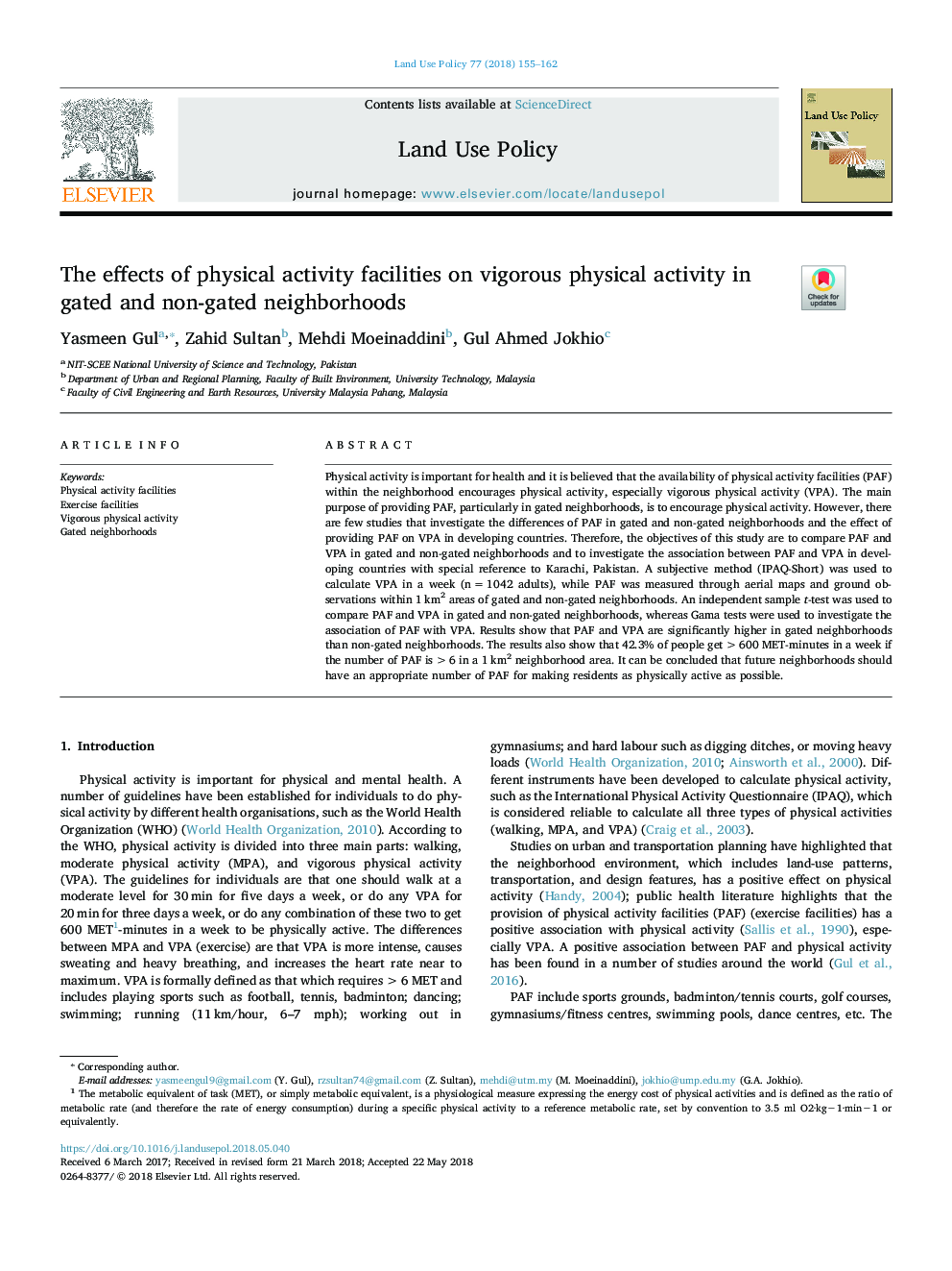 The effects of physical activity facilities on vigorous physical activity in gated and non-gated neighborhoods
