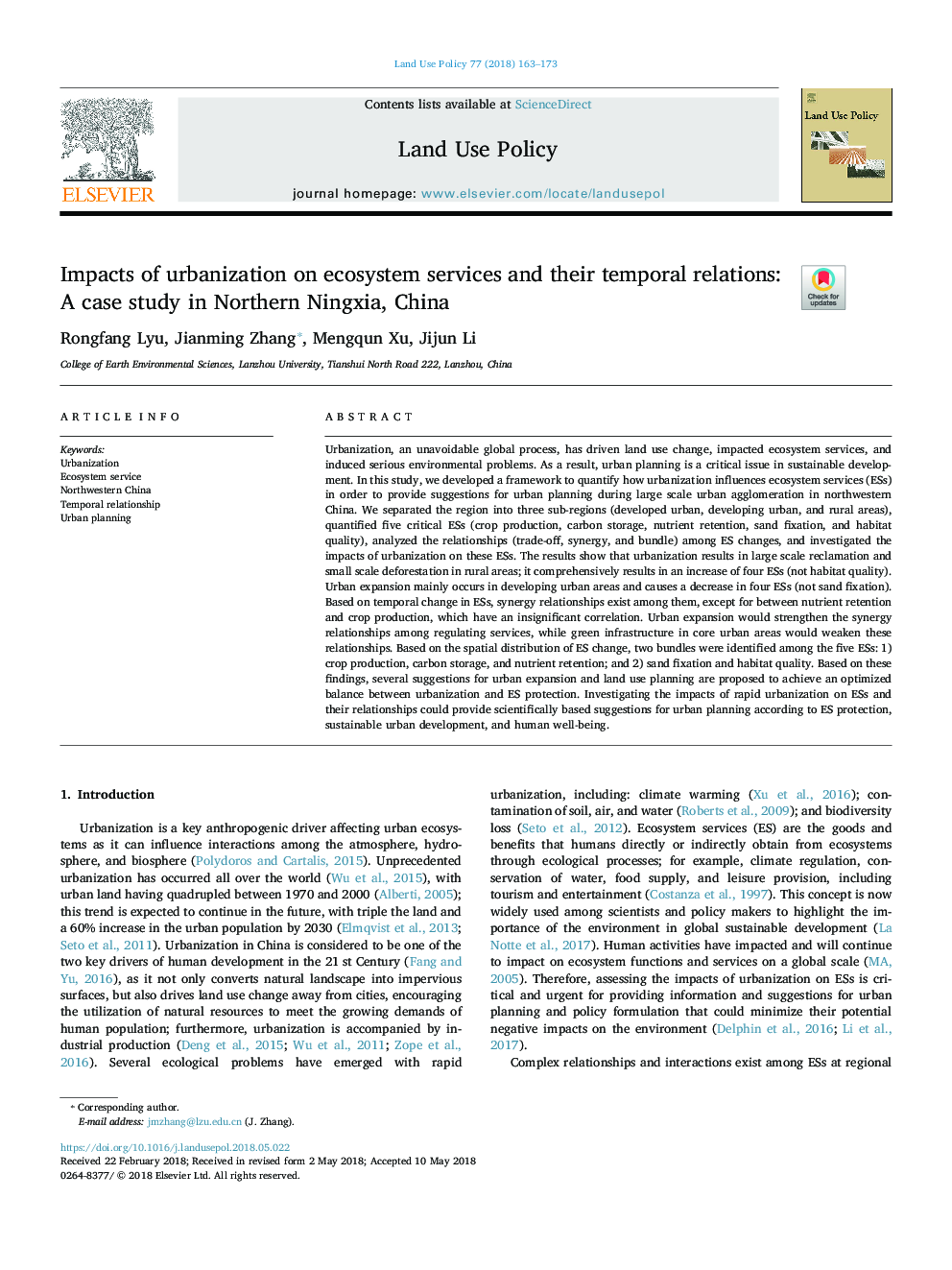 Impacts of urbanization on ecosystem services and their temporal relations: A case study in Northern Ningxia, China