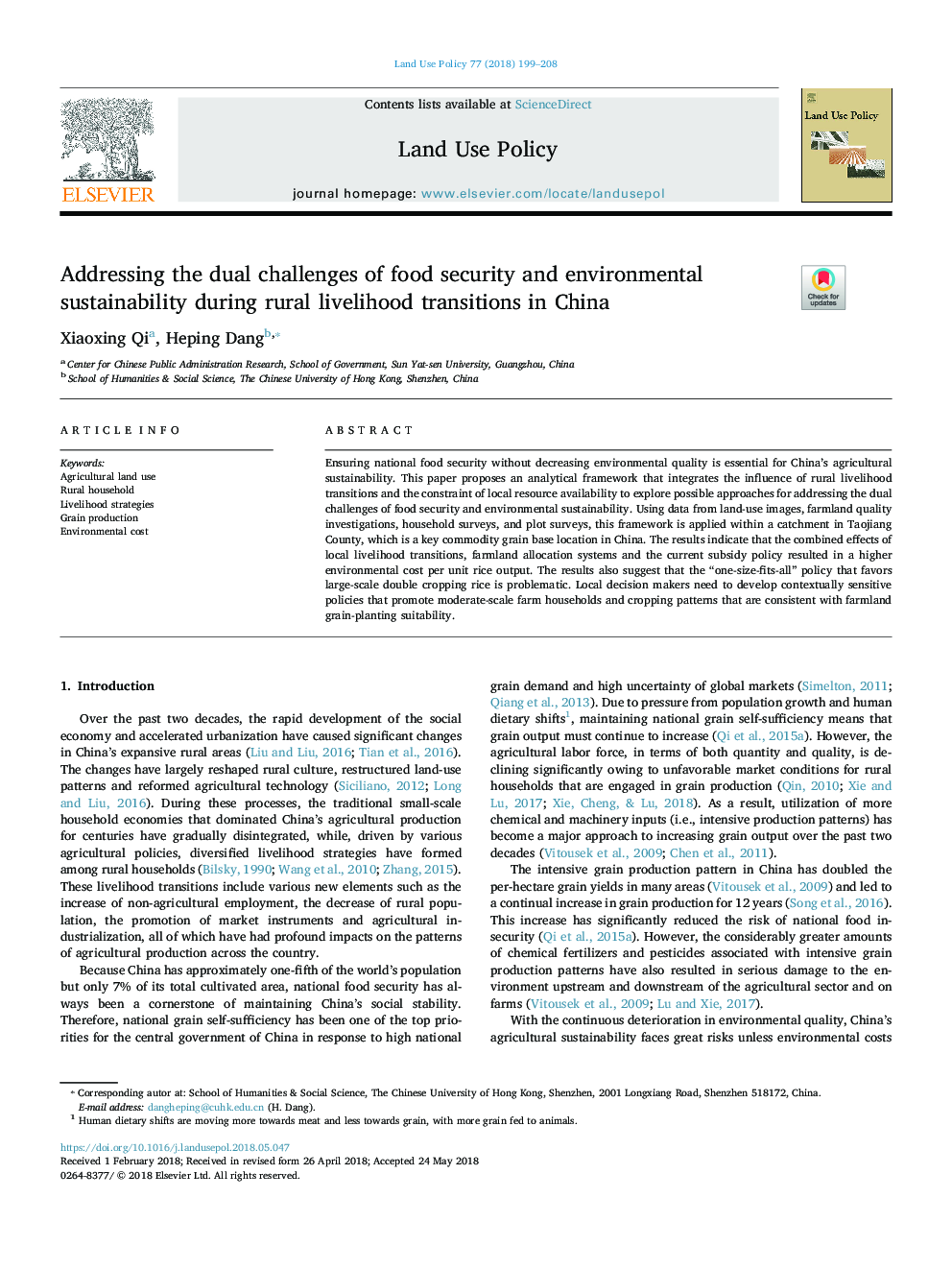 Addressing the dual challenges of food security and environmental sustainability during rural livelihood transitions in China