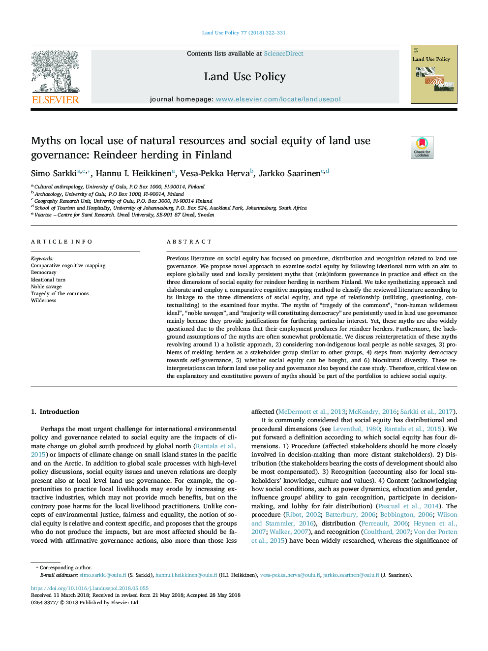 Myths on local use of natural resources and social equity of land use governance: Reindeer herding in Finland