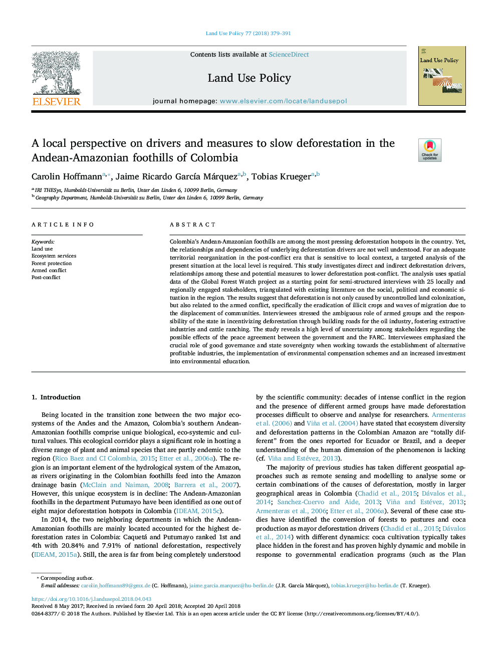 A local perspective on drivers and measures to slow deforestation in the Andean-Amazonian foothills of Colombia