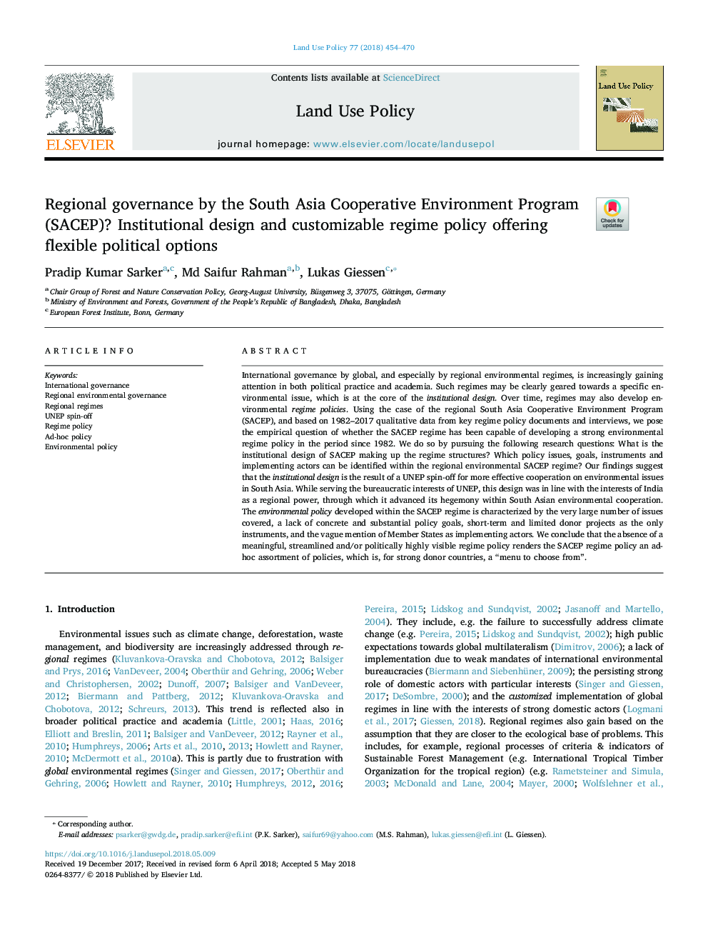 Regional governance by the South Asia Cooperative Environment Program (SACEP)? Institutional design and customizable regime policy offering flexible political options