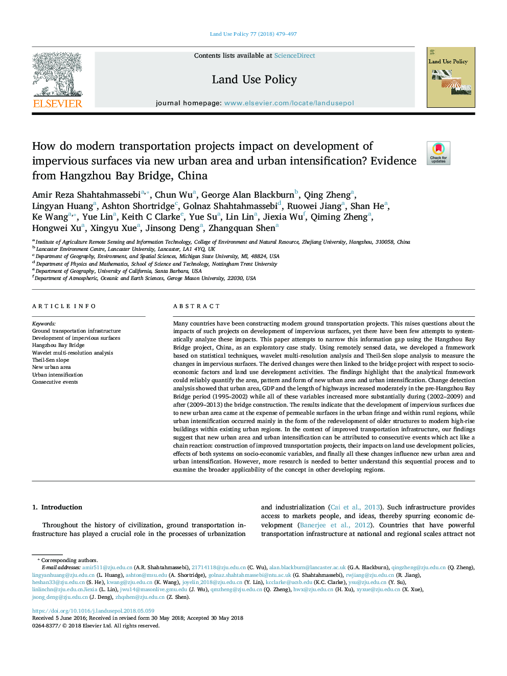 How do modern transportation projects impact on development of impervious surfaces via new urban area and urban intensification? Evidence from Hangzhou Bay Bridge, China