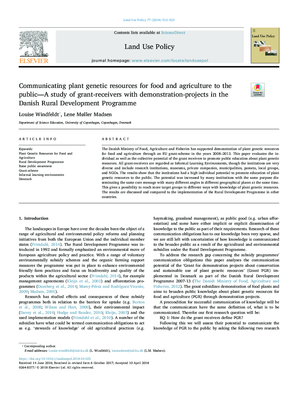 Communicating plant genetic resources for food and agriculture to the public-A study of grant-receivers with demonstration-projects in the Danish Rural Development Programme