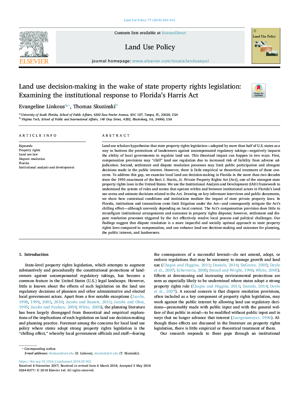 Land use decision-making in the wake of state property rights legislation: Examining the institutional response to Florida's Harris Act