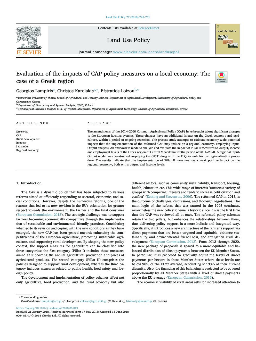 Evaluation of the impacts of CAP policy measures on a local economy: The case of a Greek region