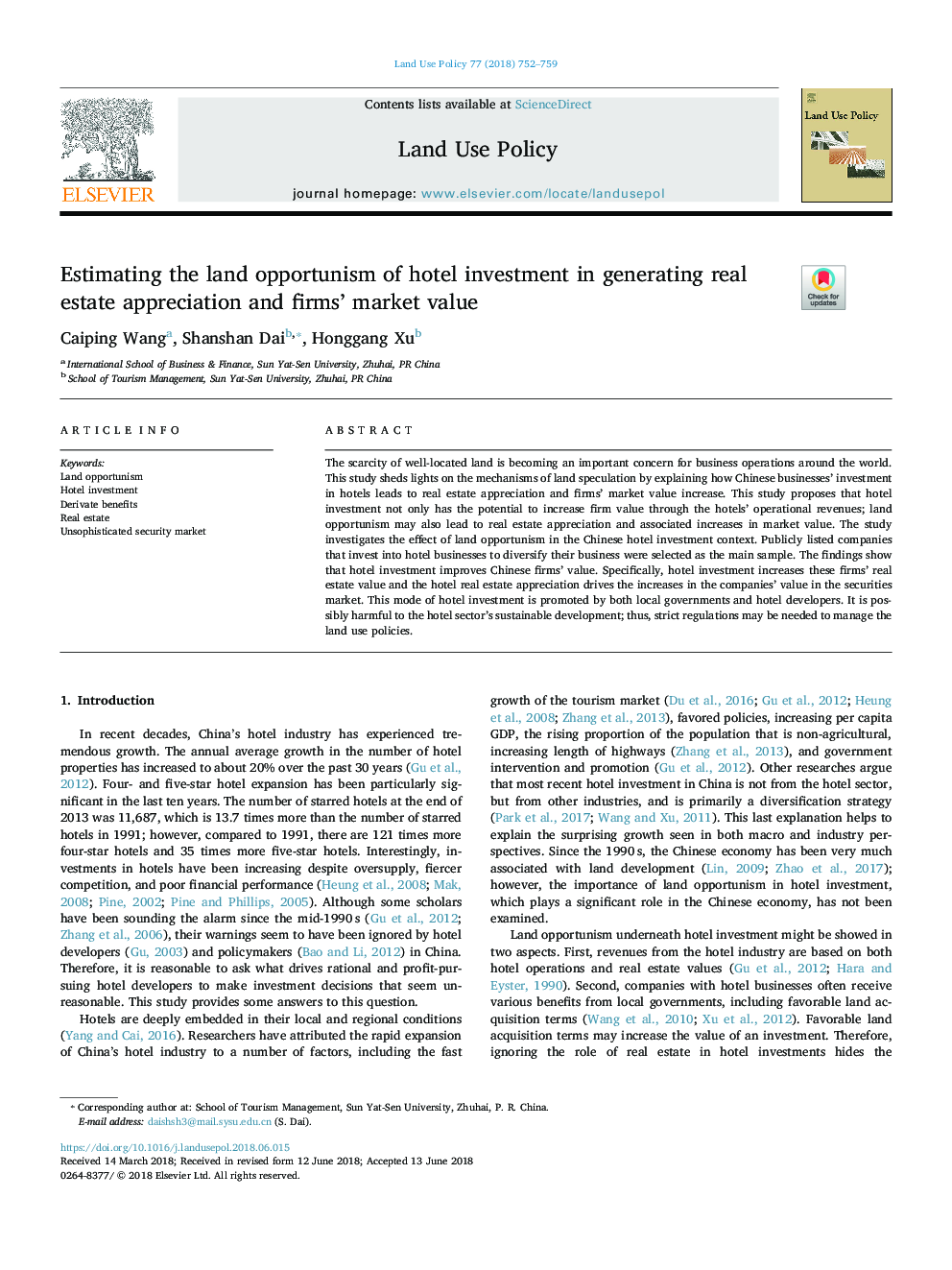 Estimating the land opportunism of hotel investment in generating real estate appreciation and firms' market value