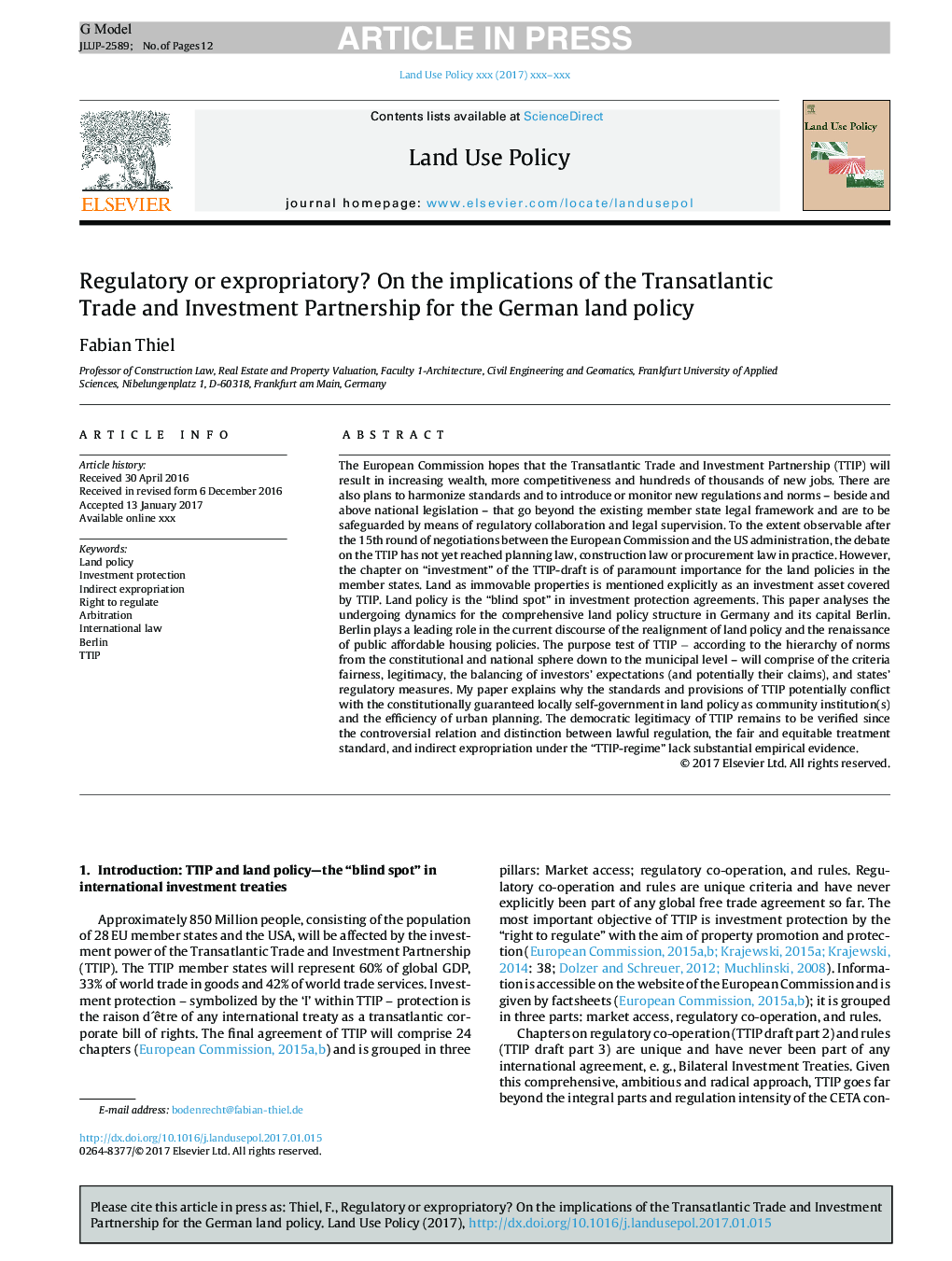 Regulatory or expropriatory? On the implications of the Transatlantic Trade and Investment Partnership for the German land policy