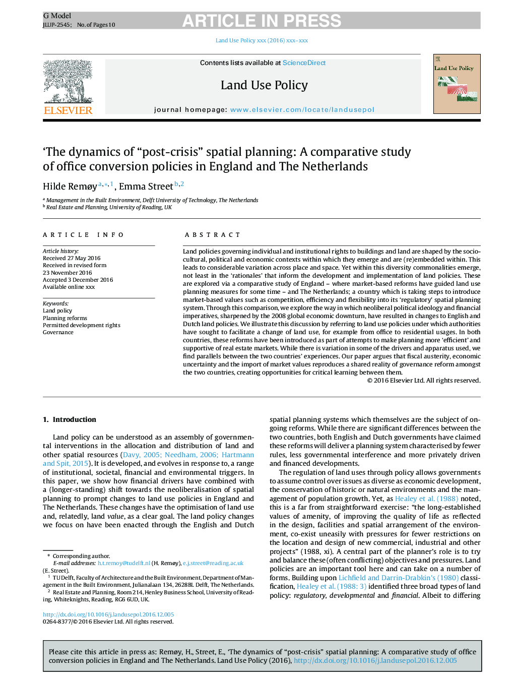 'The dynamics of “post-crisis” spatial planning: A comparative study of office conversion policies in England and The Netherlands