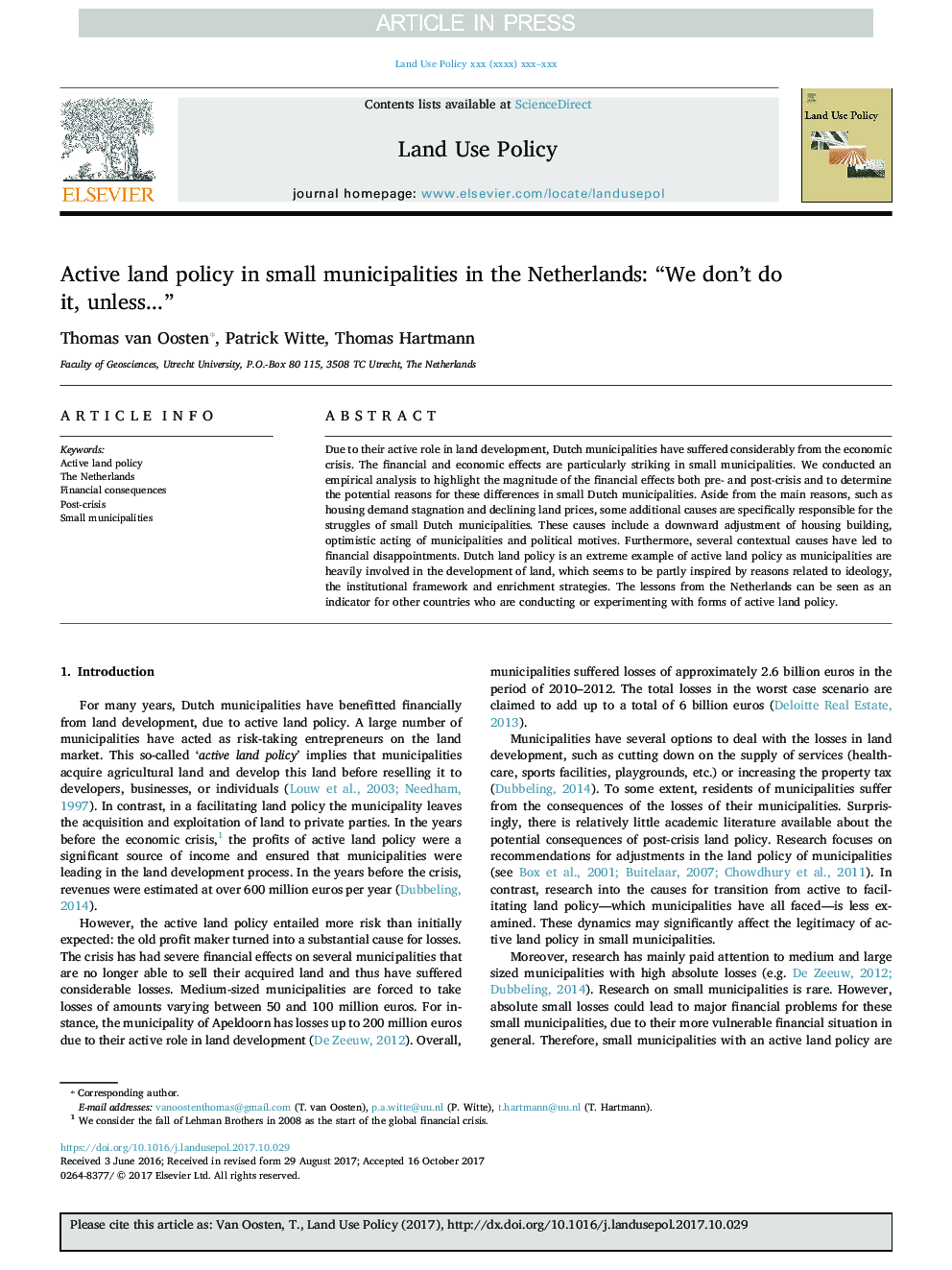 Active land policy in small municipalities in the Netherlands: “We don't do it, unless...”