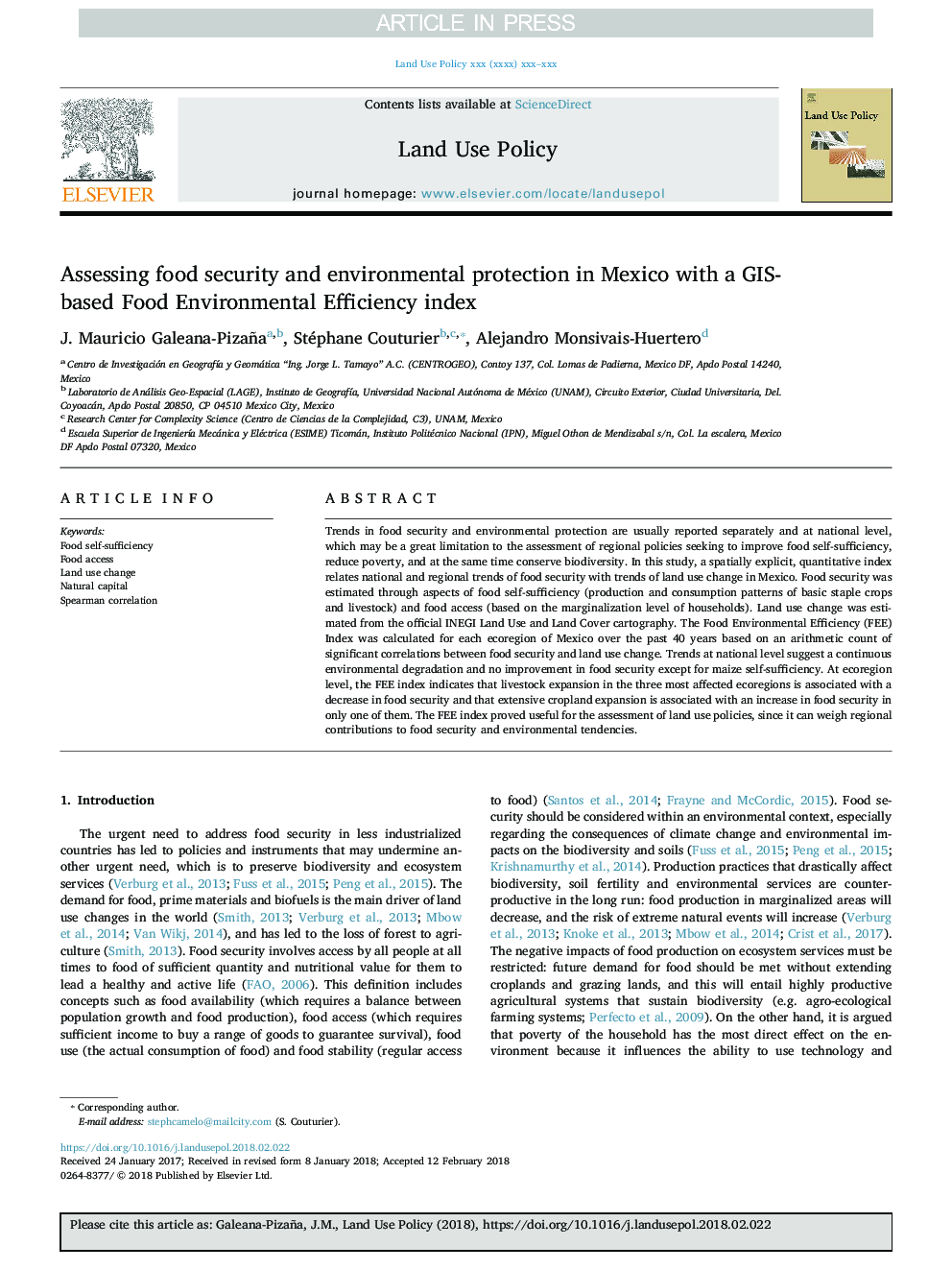 Assessing food security and environmental protection in Mexico with a GIS-based Food Environmental Efficiency index