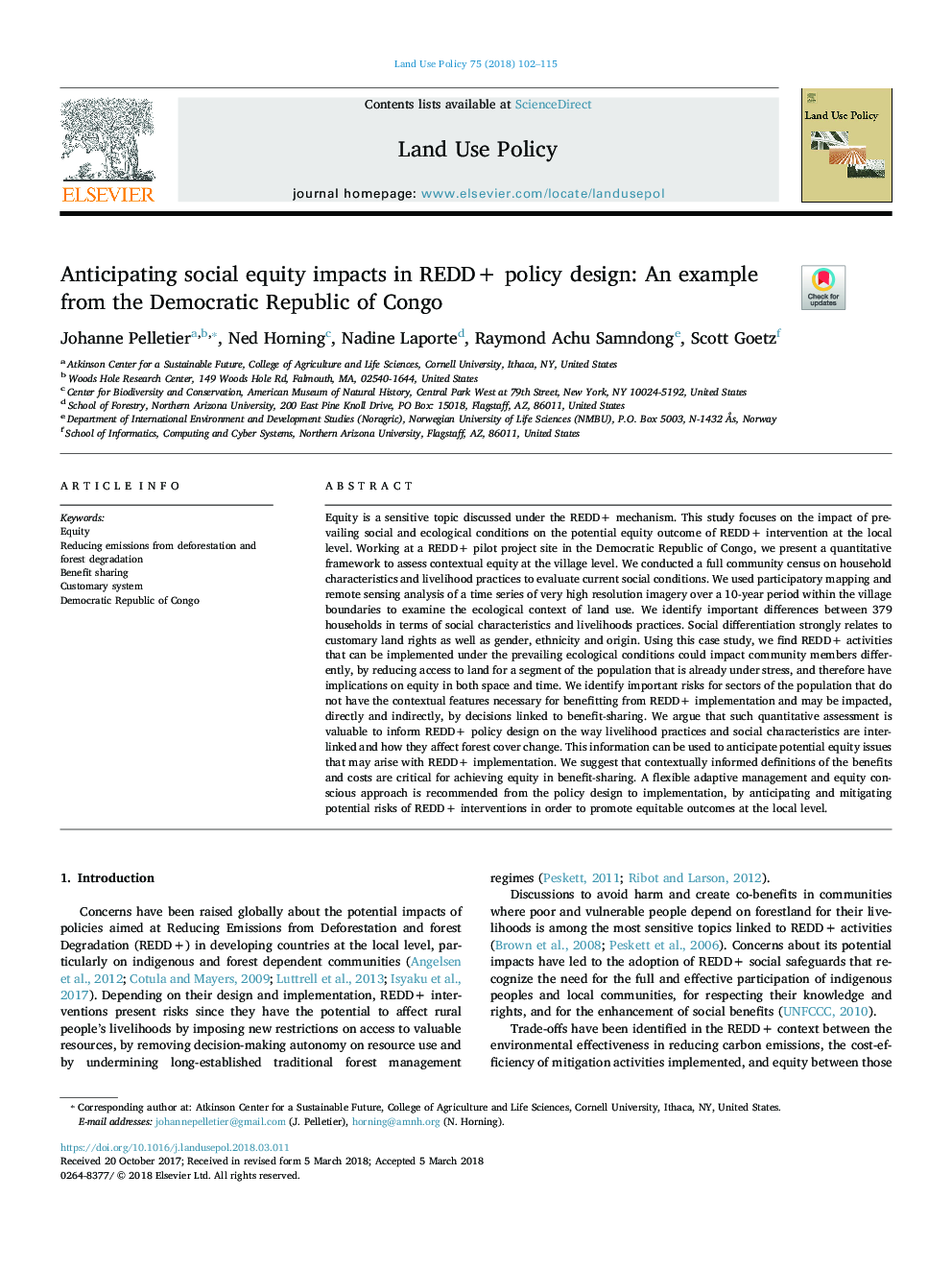 Anticipating social equity impacts in REDD+ policy design: An example from the Democratic Republic of Congo