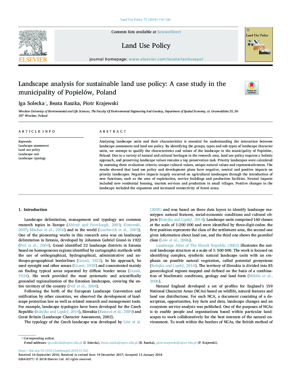 Landscape analysis for sustainable land use policy: A case study in the municipality of Popielów, Poland