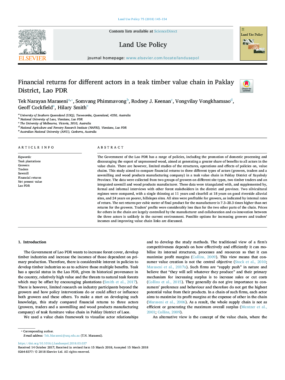 Financial returns for different actors in a teak timber value chain in Paklay District, Lao PDR
