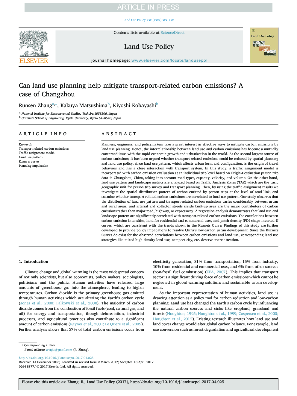 Can land use planning help mitigate transport-related carbon emissions? A case of Changzhou