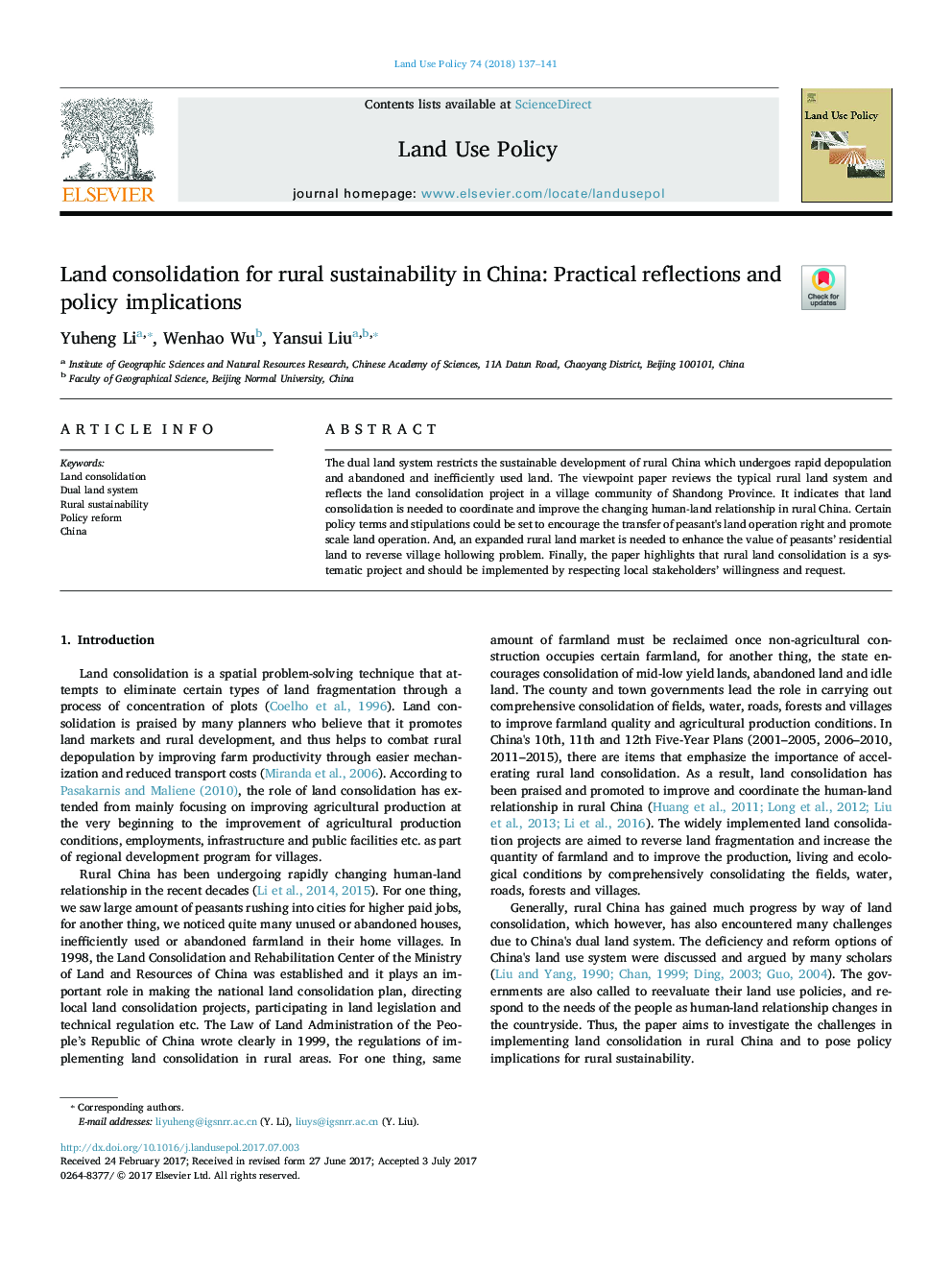 Land consolidation for rural sustainability in China: Practical reflections and policy implications