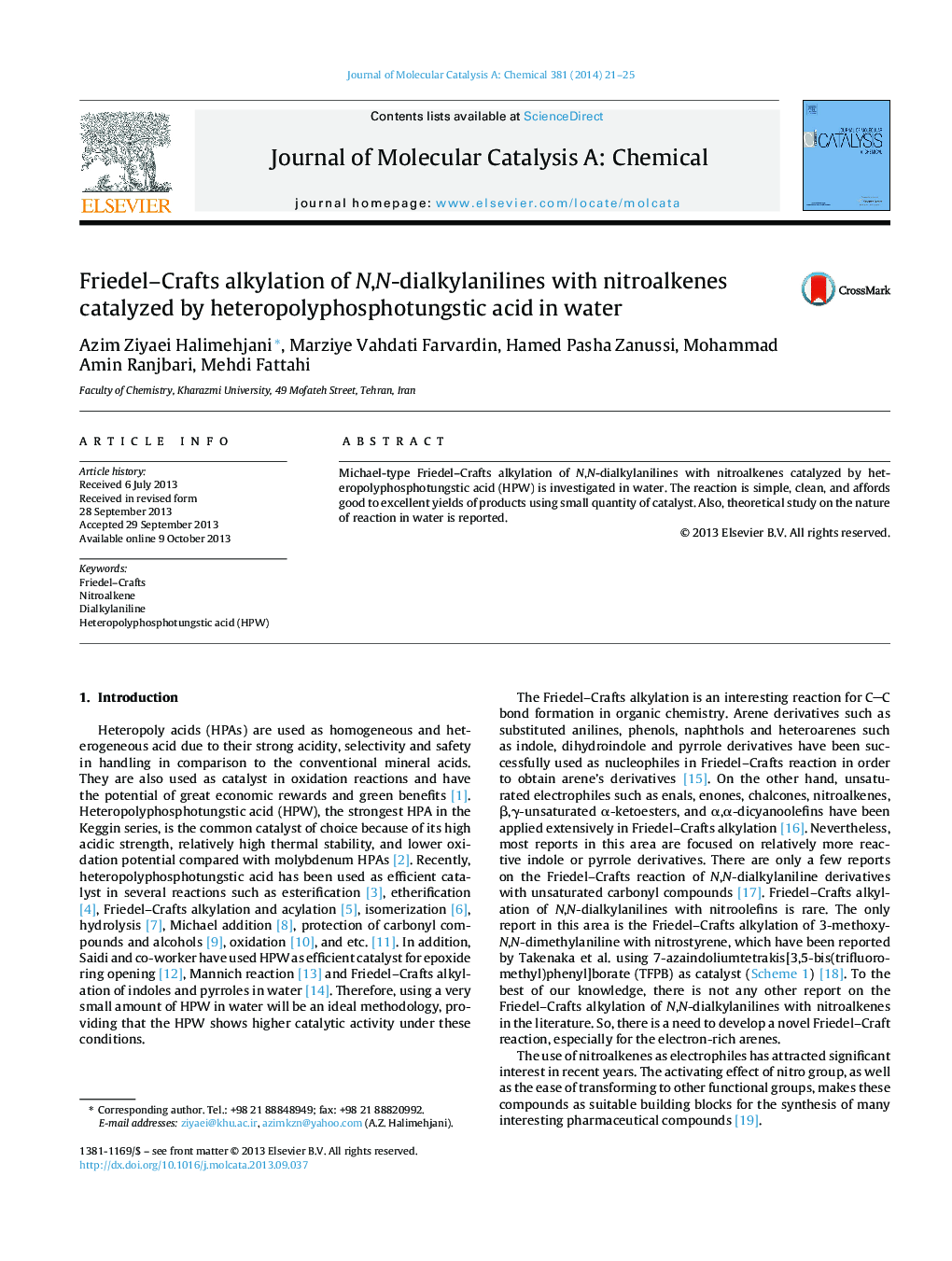 Friedel–Crafts alkylation of N,N-dialkylanilines with nitroalkenes catalyzed by heteropolyphosphotungstic acid in water