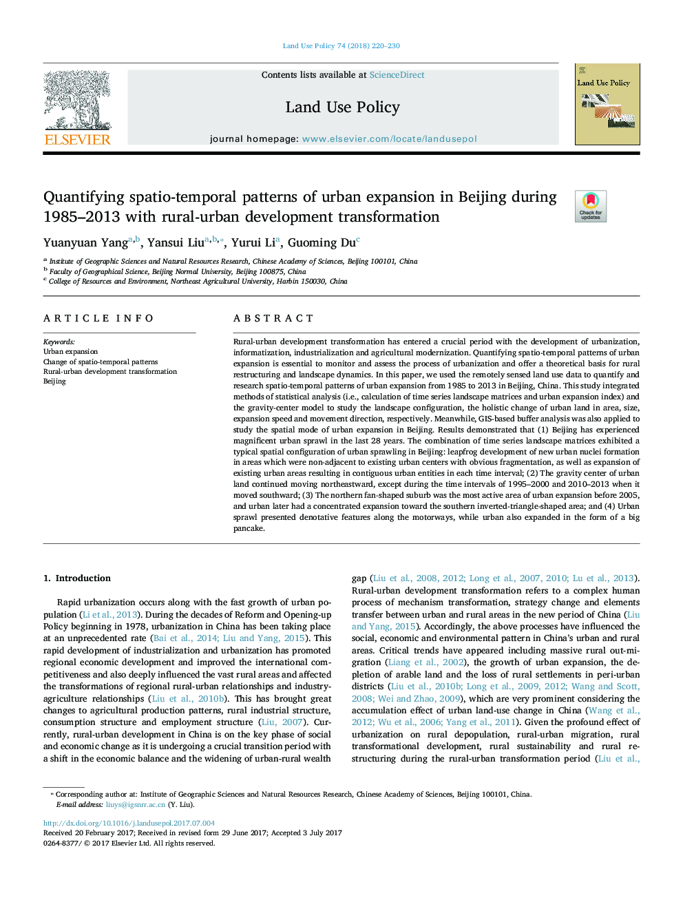 Quantifying spatio-temporal patterns of urban expansion in Beijing during 1985-2013 with rural-urban development transformation