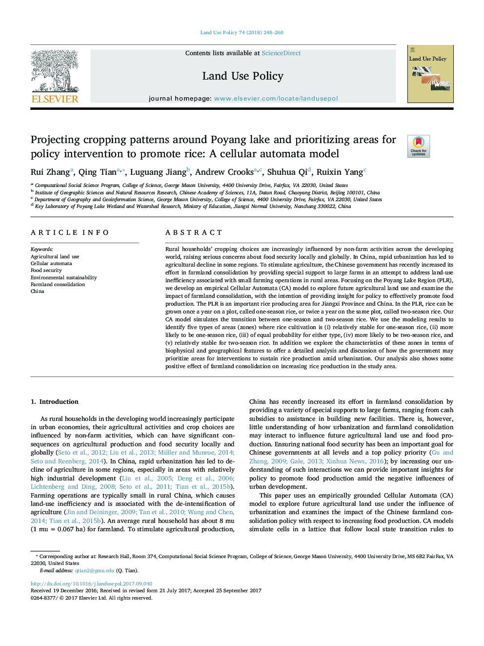 Projecting cropping patterns around Poyang lake and prioritizing areas for policy intervention to promote rice: A cellular automata model