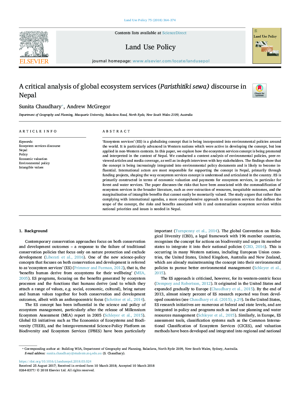 A critical analysis of global ecosystem services (Paristhitiki sewa) discourse in Nepal