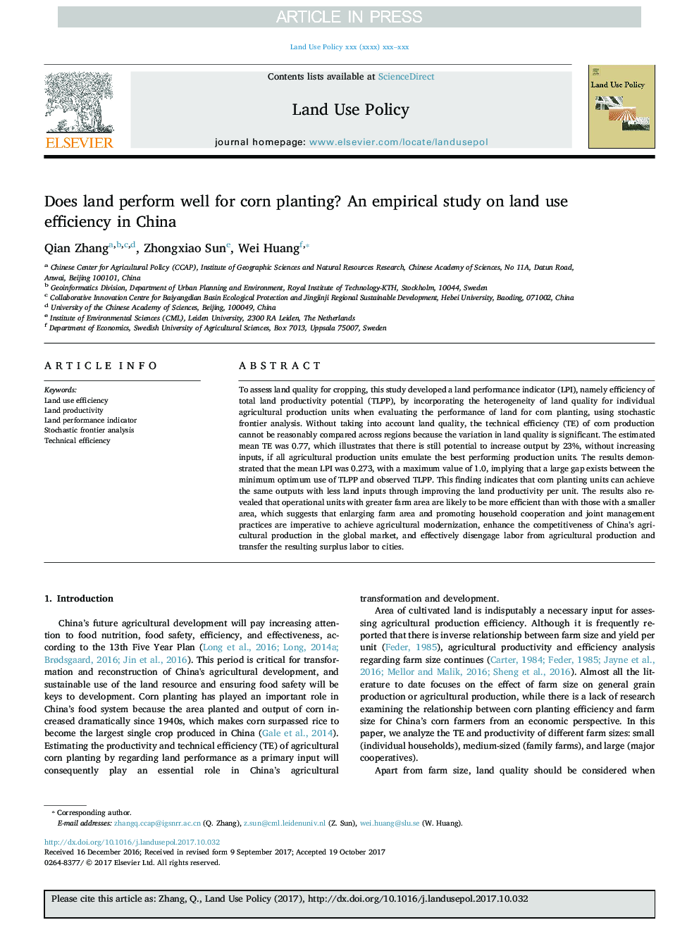 Does land perform well for corn planting? An empirical study on land use efficiency in China