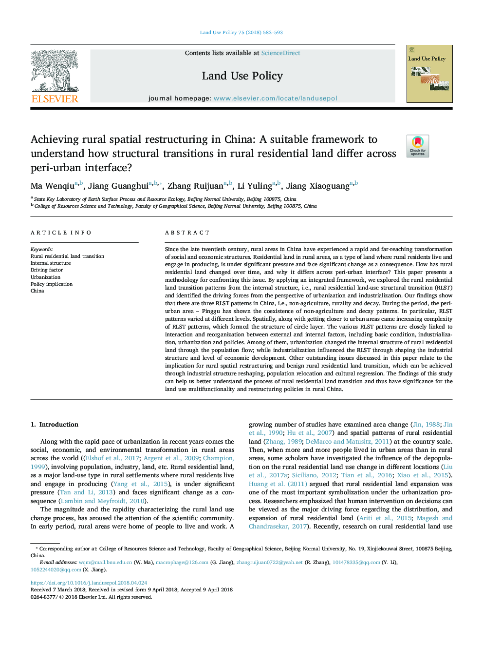 Achieving rural spatial restructuring in China: A suitable framework to understand how structural transitions in rural residential land differ across peri-urban interface?