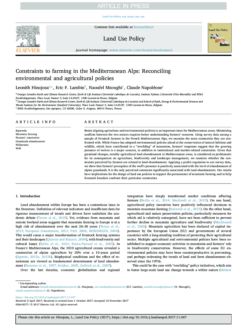 Constraints to farming in the Mediterranean Alps: Reconciling environmental and agricultural policies