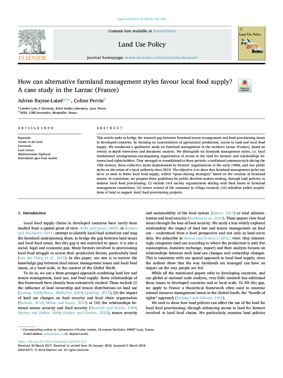 How can alternative farmland management styles favour local food supply? A case study in the Larzac (France)