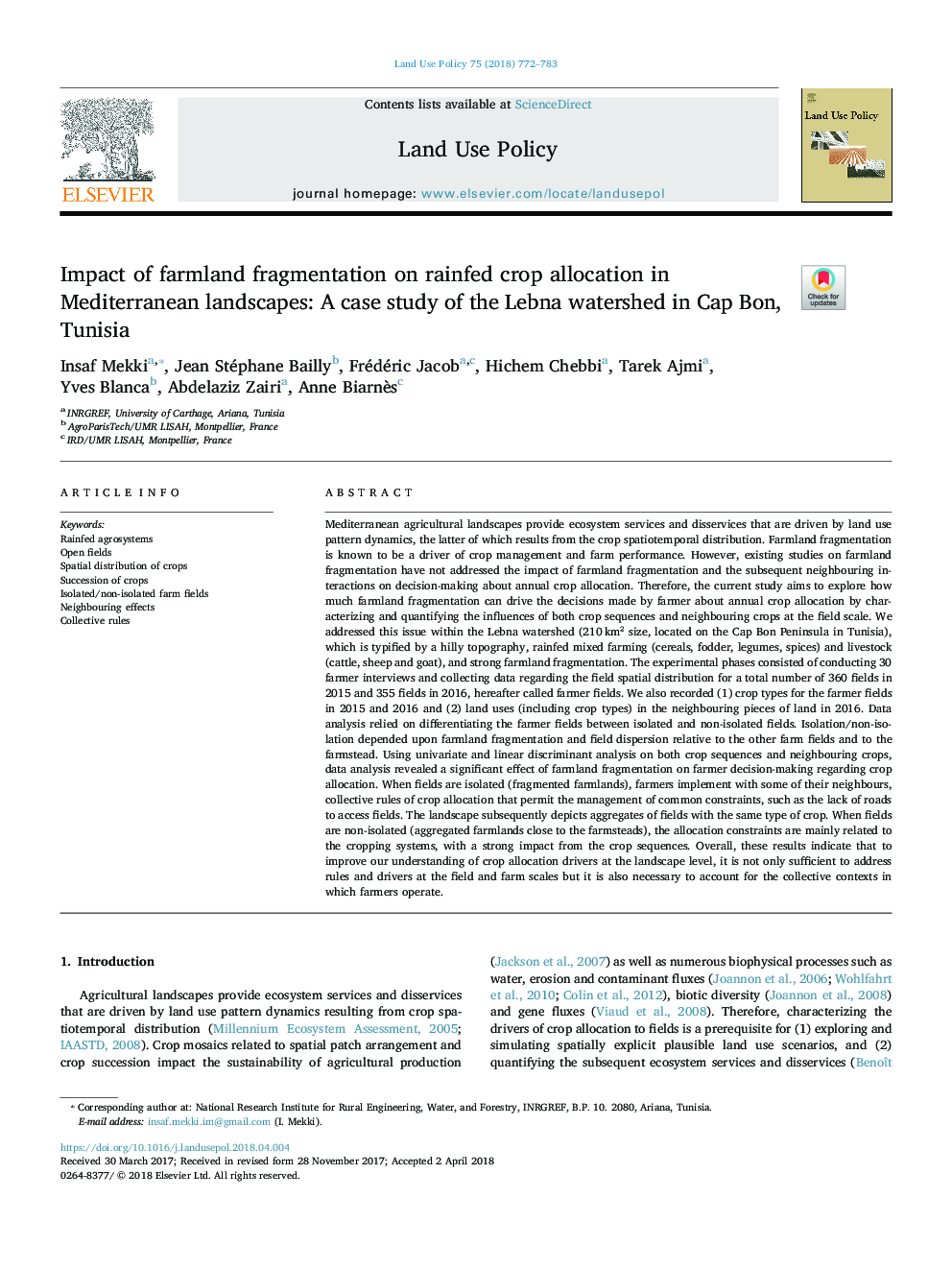 Impact of farmland fragmentation on rainfed crop allocation in Mediterranean landscapes: A case study of the Lebna watershed in Cap Bon, Tunisia