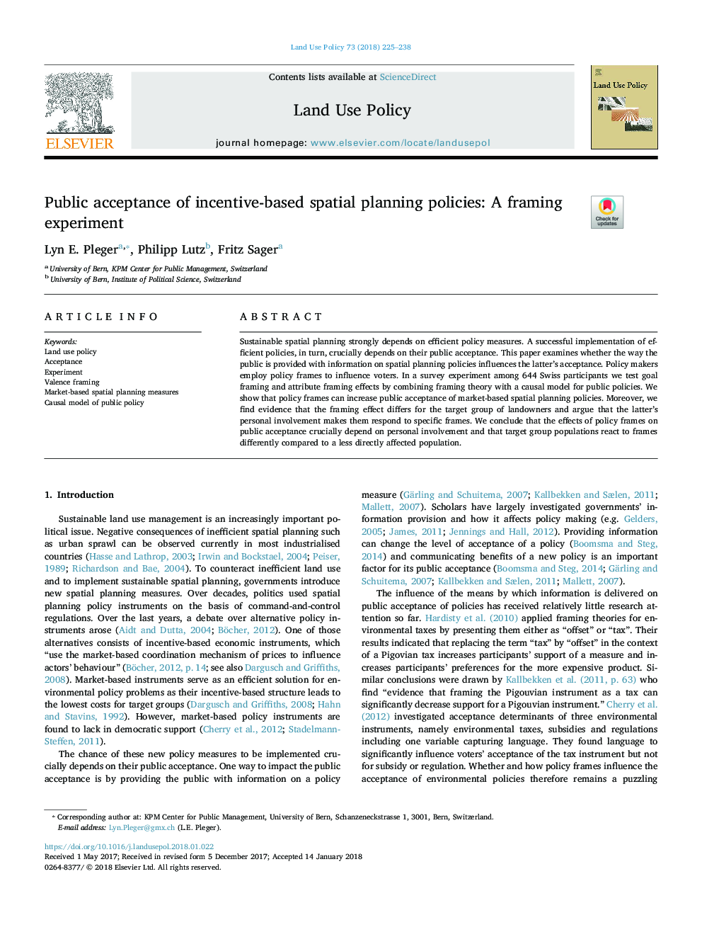 Public acceptance of incentive-based spatial planning policies: A framing experiment