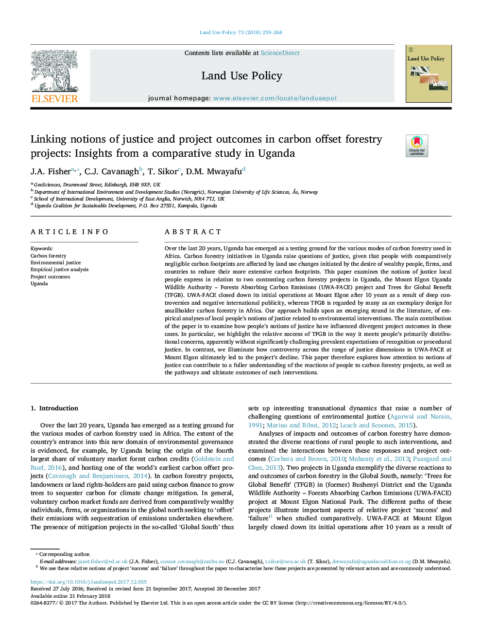 Linking notions of justice and project outcomes in carbon offset forestry projects: Insights from a comparative study in Uganda