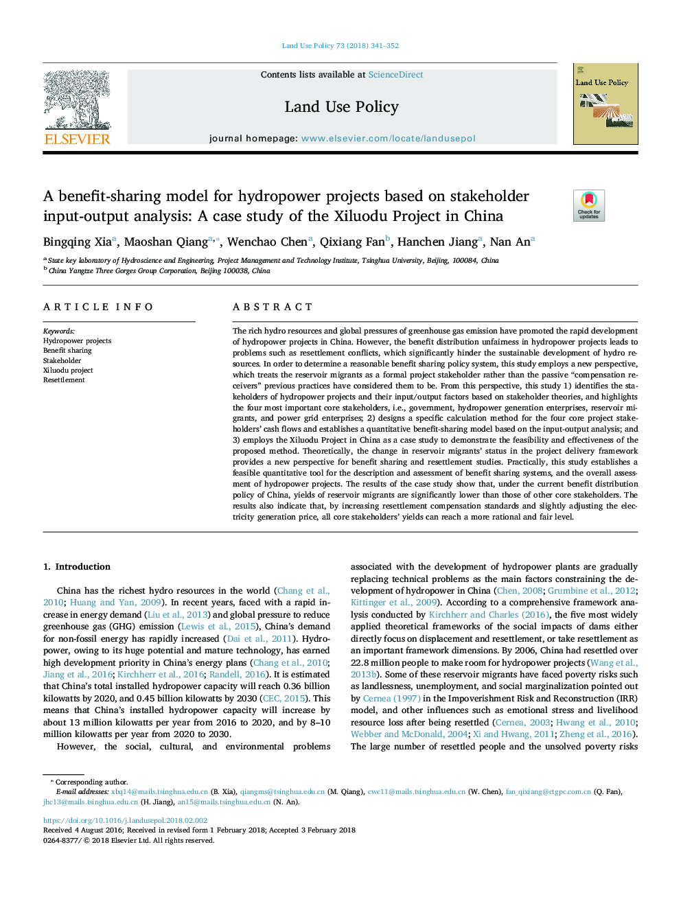 A benefit-sharing model for hydropower projects based on stakeholder input-output analysis: A case study of the Xiluodu Project in China