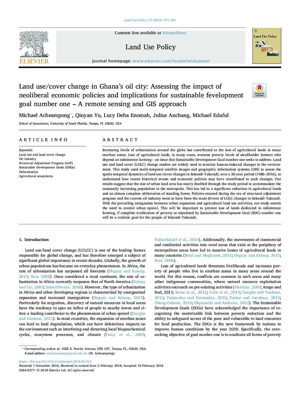 Land use/cover change in Ghana's oil city: Assessing the impact of neoliberal economic policies and implications for sustainable development goal number one - A remote sensing and GIS approach