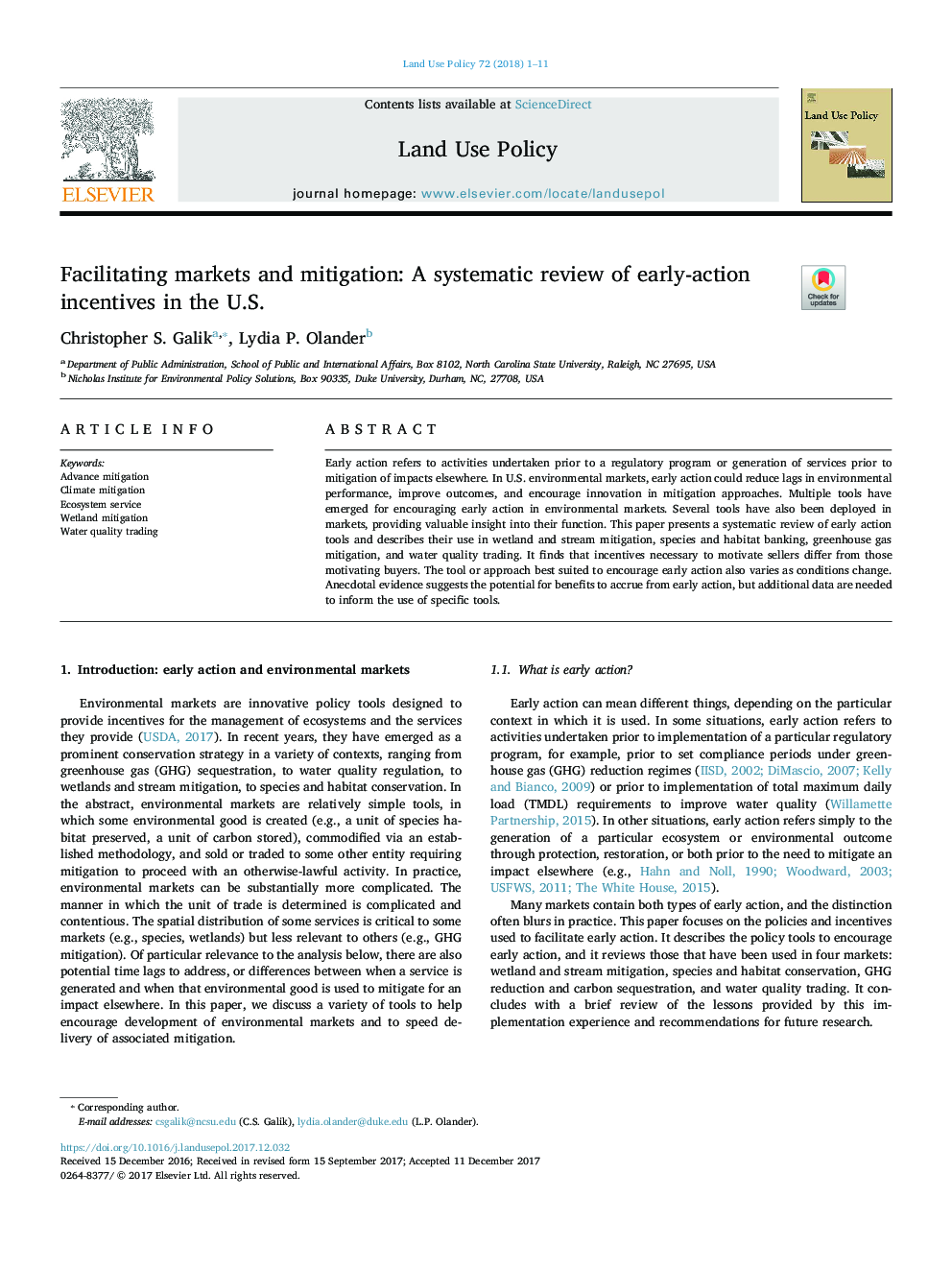 Facilitating markets and mitigation: A systematic review of early-action incentives in the U.S.