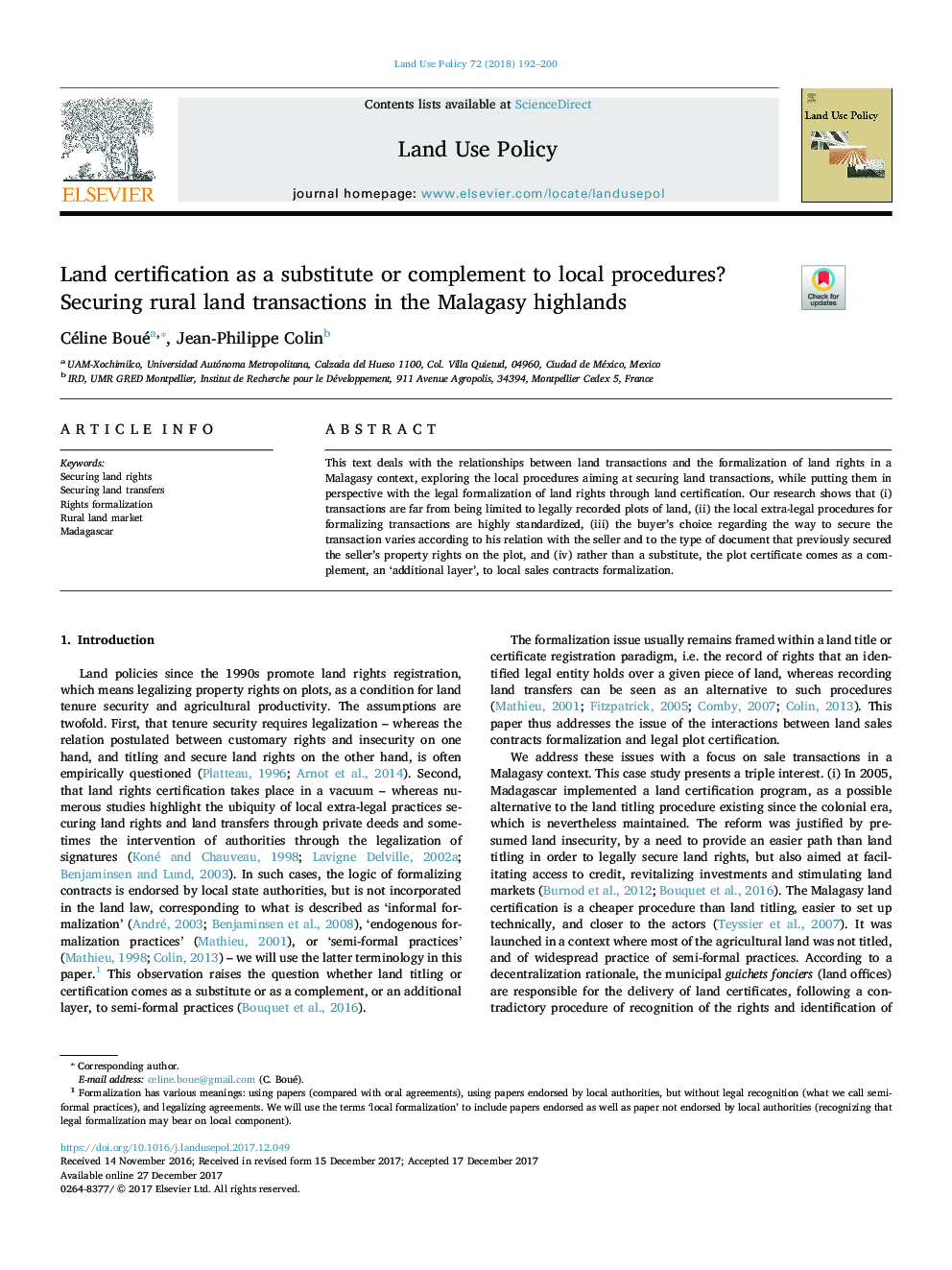 Land certification as a substitute or complement to local procedures? Securing rural land transactions in the Malagasy highlands