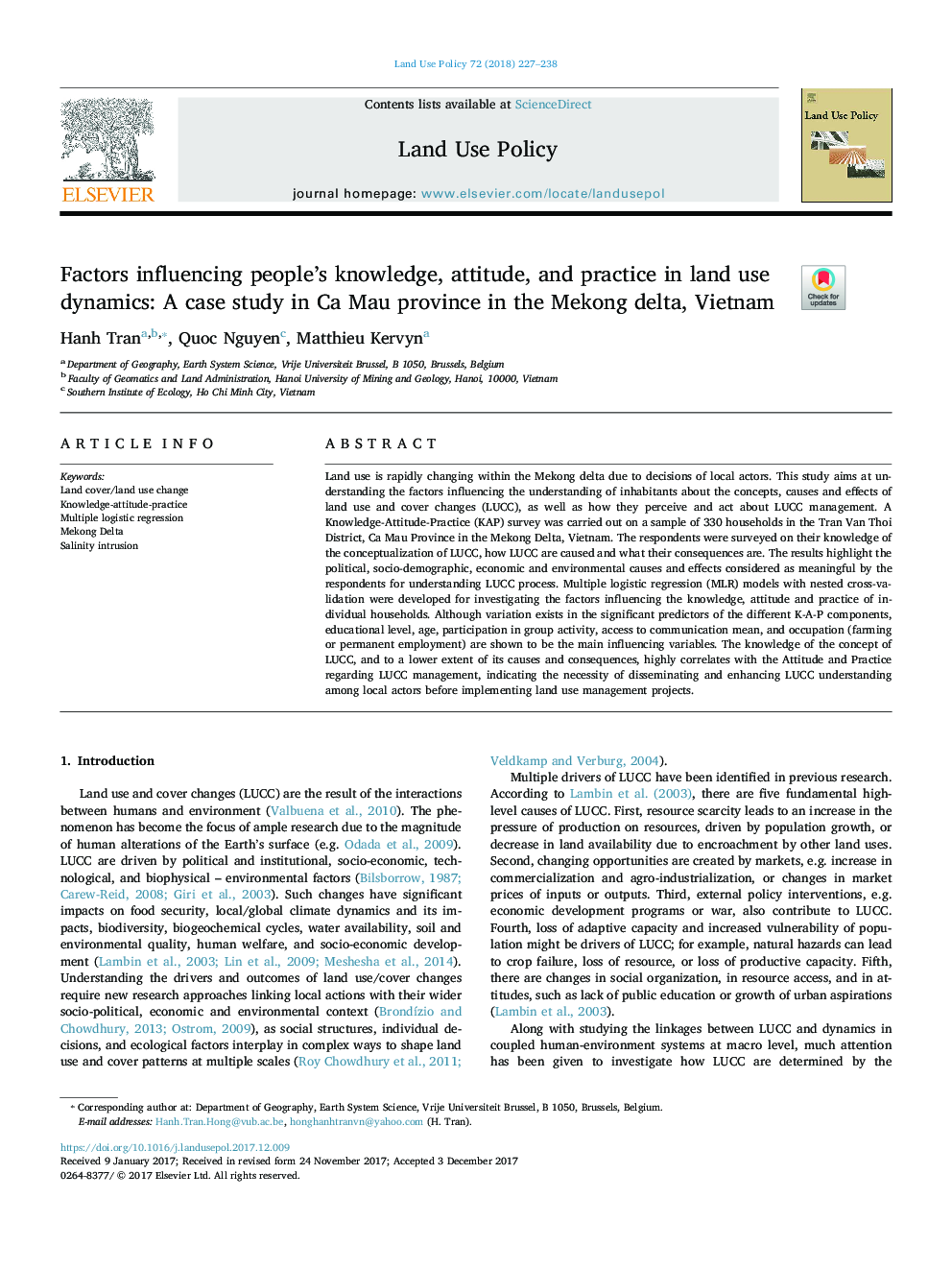 Factors influencing people's knowledge, attitude, and practice in land use dynamics: A case study in Ca Mau province in the Mekong delta, Vietnam