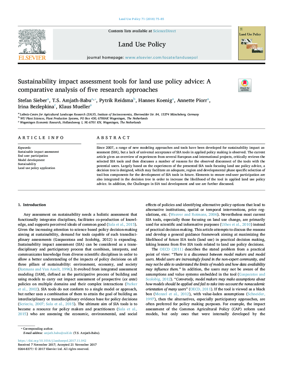 Sustainability impact assessment tools for land use policy advice: A comparative analysis of five research approaches