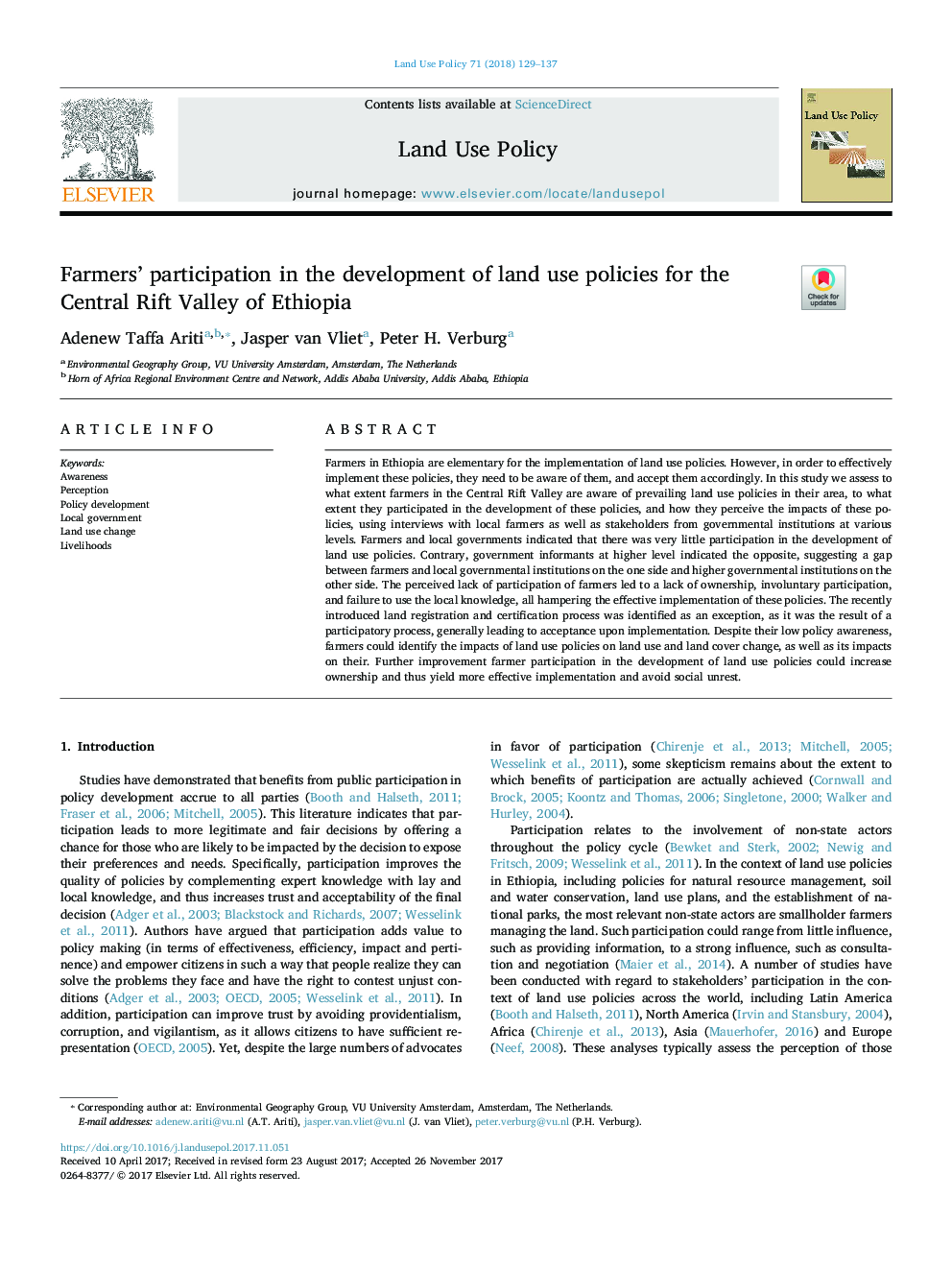 Farmers' participation in the development of land use policies for the Central Rift Valley of Ethiopia