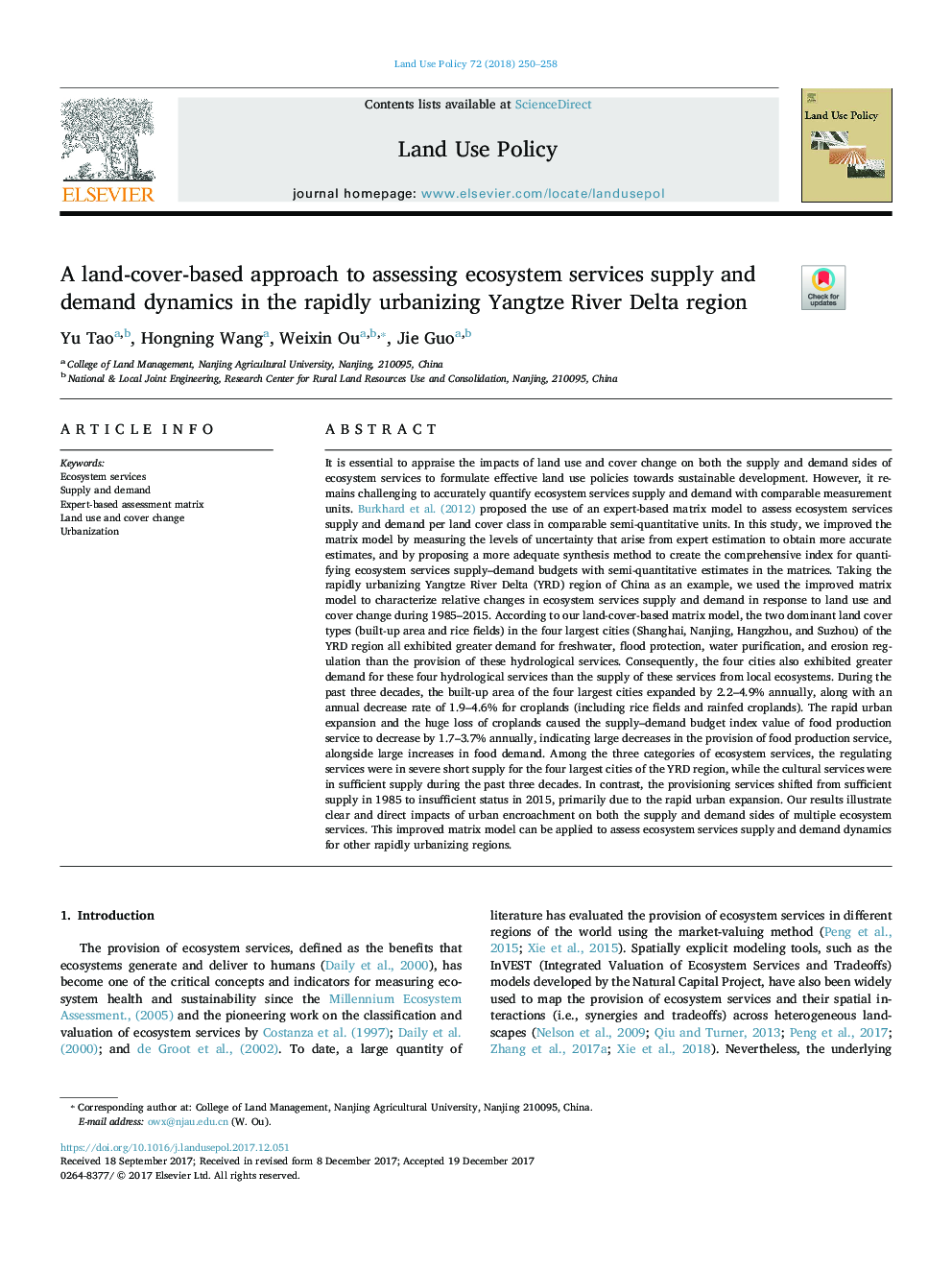 A land-cover-based approach to assessing ecosystem services supply and demand dynamics in the rapidly urbanizing Yangtze River Delta region